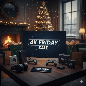 Happy shopper finding Black Friday Cyber Monday Deals 2025 online amidst holiday decor.