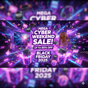 Happy shopper finding Black Friday Cyber Monday Deals 2025 online amidst holiday decor.