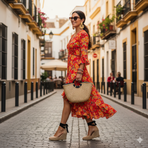 Spanish bohemian style with flowing dresses and artisan accessories